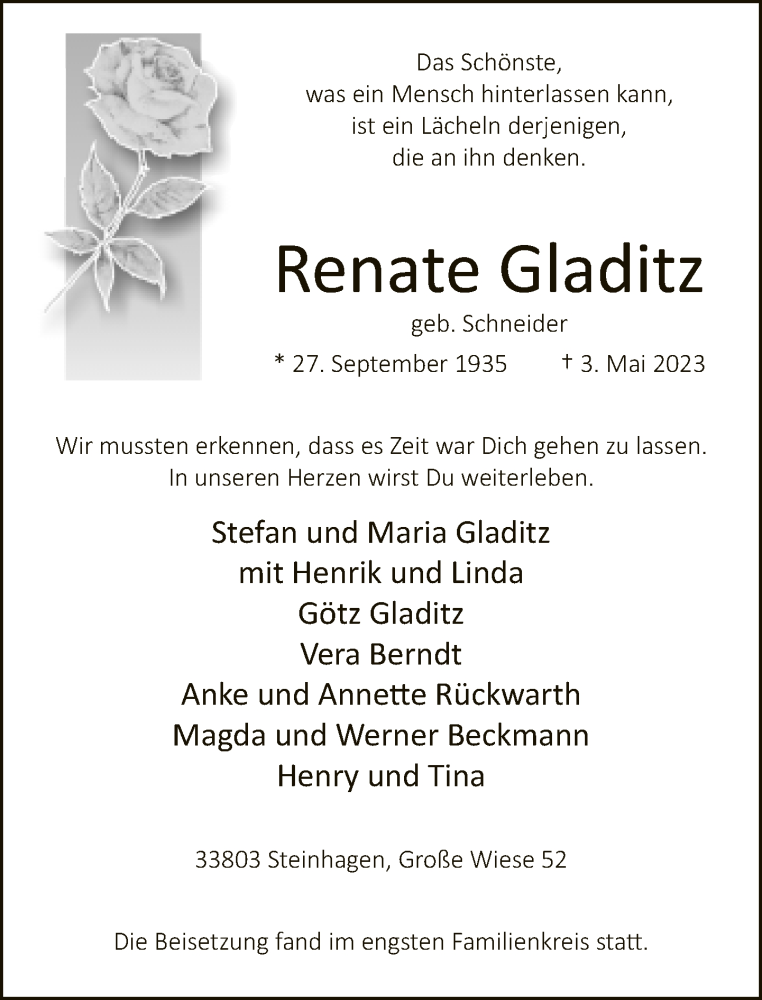  Traueranzeige für Renate Gladitz vom 26.05.2023 aus Neue Westfälische
