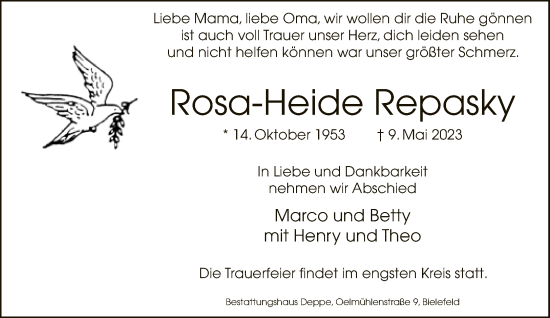 Traueranzeige von Rosa Repasky von Neue Westfälische