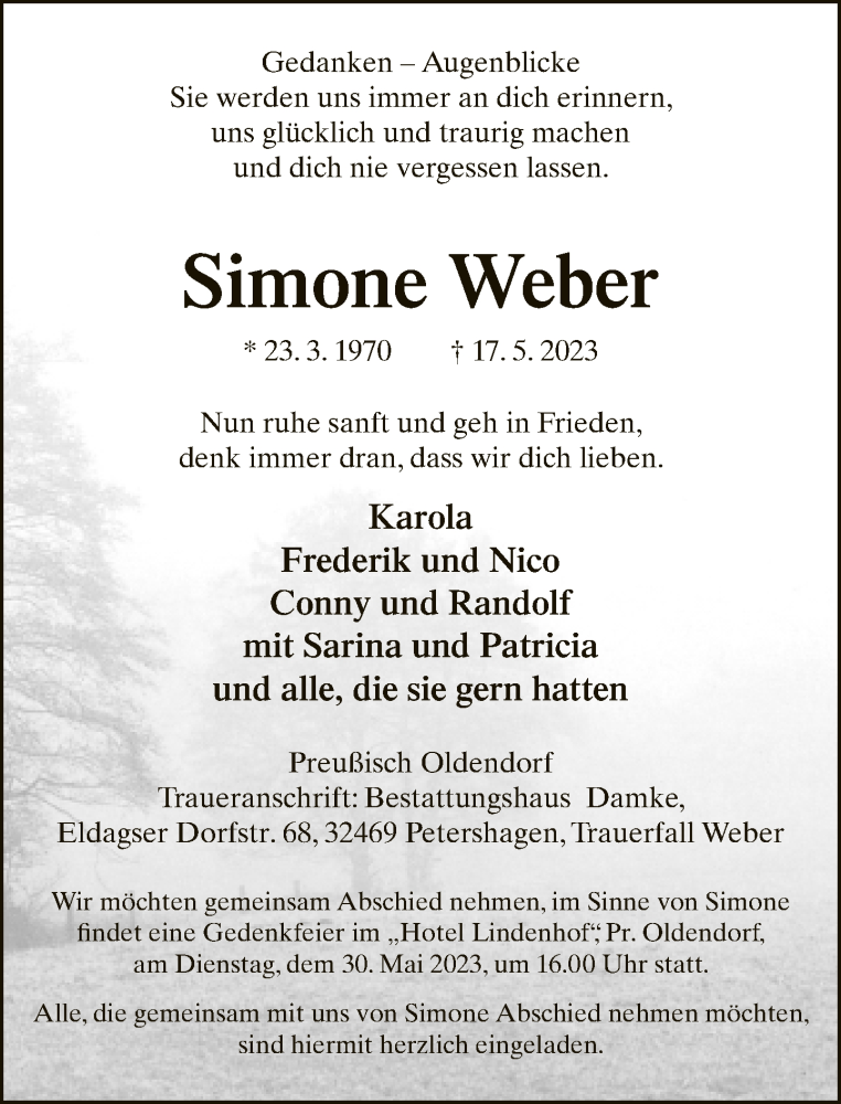  Traueranzeige für Simone Weber vom 24.05.2023 aus Neue Westfälische