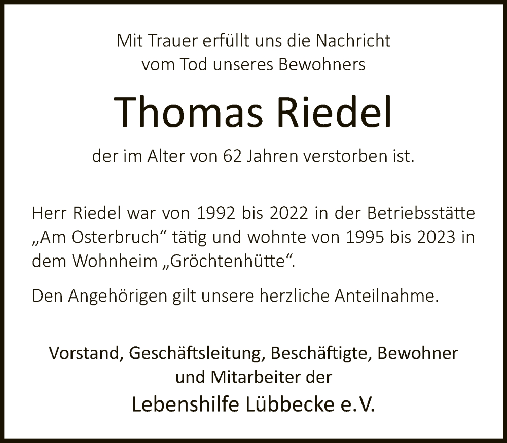  Traueranzeige für Thomas Riedel vom 26.05.2023 aus Neue Westfälische