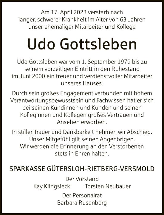 Traueranzeige von Udo Gottsleben von Neue Westfälische