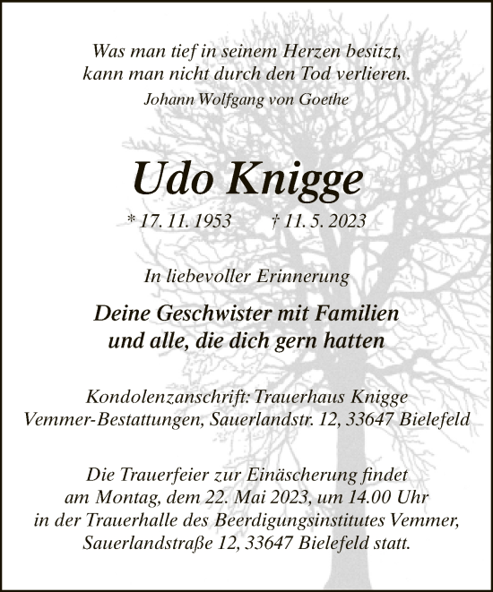 Traueranzeige von Udo Knigge von Neue Westfälische