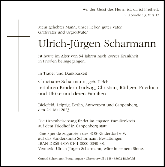 Traueranzeige von Ulrich-Jürgen Scharmann von Neue Westfälische