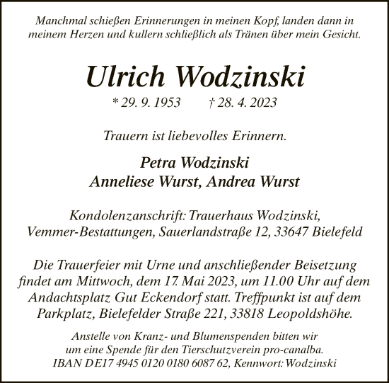 Traueranzeige von Ulrich Wodzinski von Neue Westfälische