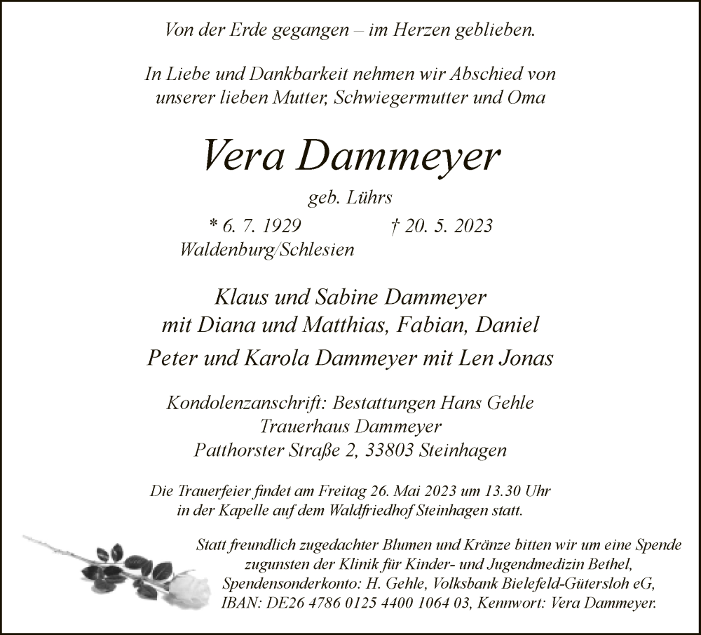 Traueranzeige für Vera Dammeyer vom 24.05.2023 aus Neue Westfälische