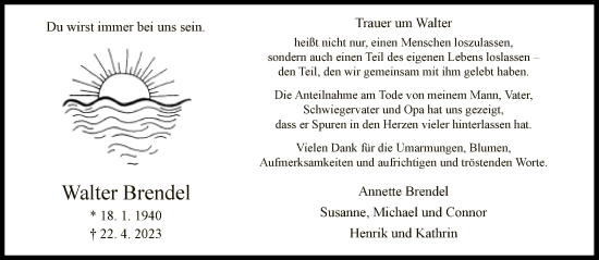 Traueranzeige von Walter Brendel von Neue Westfälische