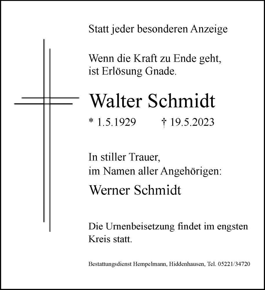  Traueranzeige für Walter Schmidt vom 24.05.2023 aus Neue Westfälische