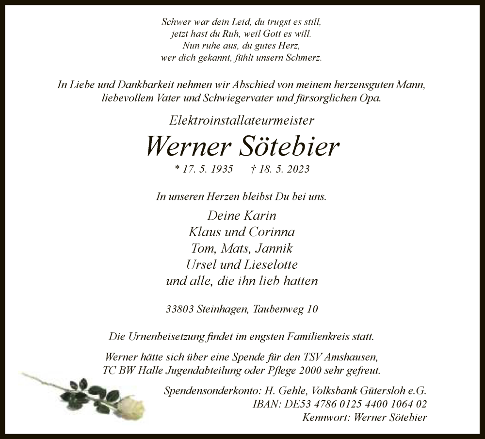  Traueranzeige für Werner Sötebier vom 24.05.2023 aus Neue Westfälische
