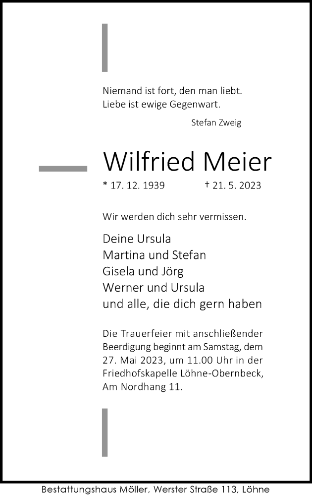 Traueranzeige für Wilfried Meier vom 24.05.2023 aus Neue Westfälische