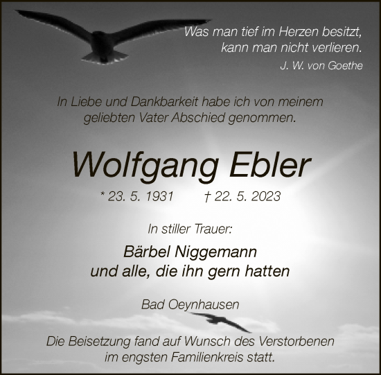 Traueranzeige von Wolfgang Ebler