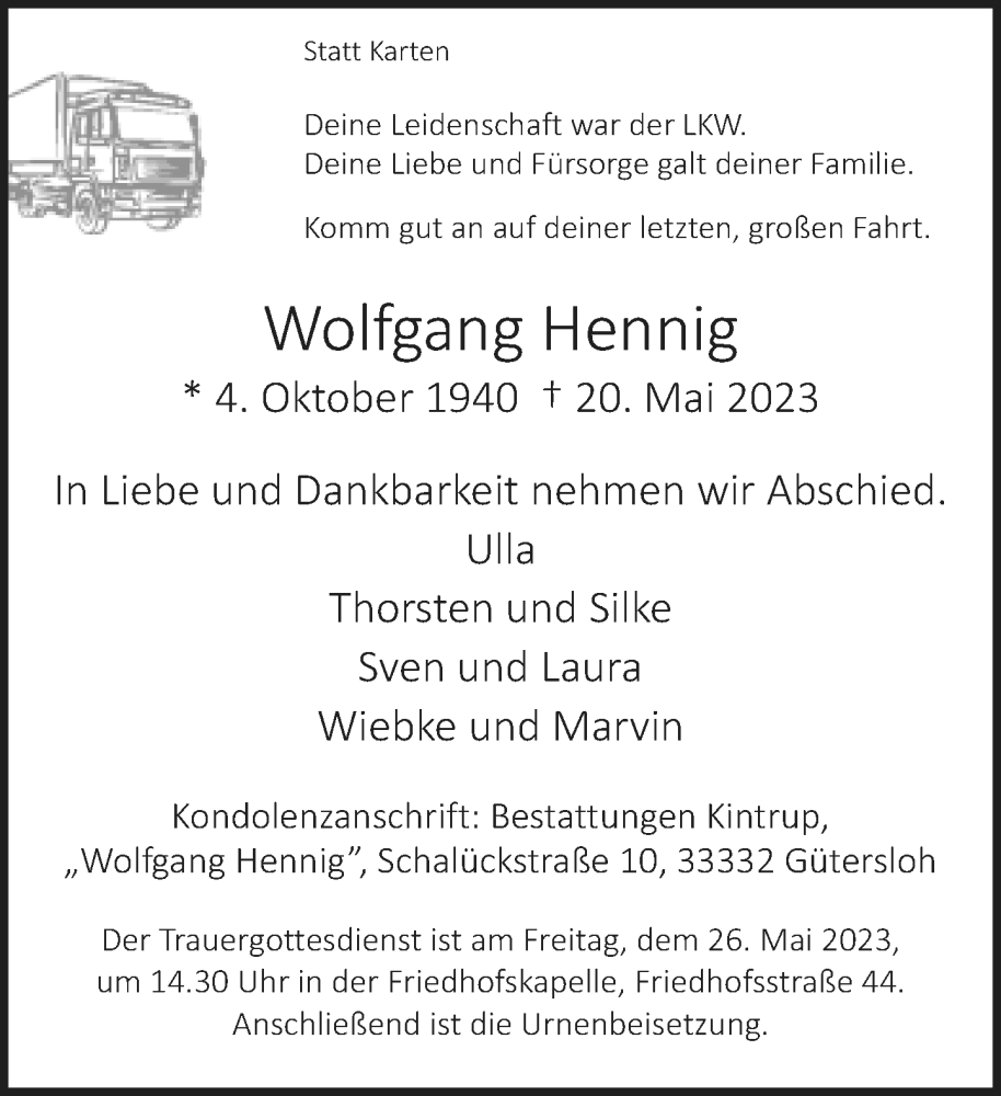  Traueranzeige für Wolfgang Hennig vom 24.05.2023 aus Neue Westfälische