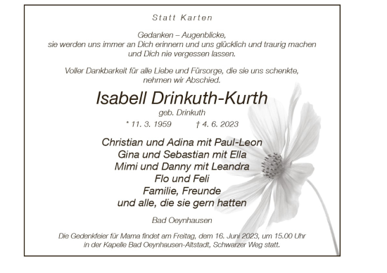 Traueranzeige von Isabell Drinkuth-Kurth