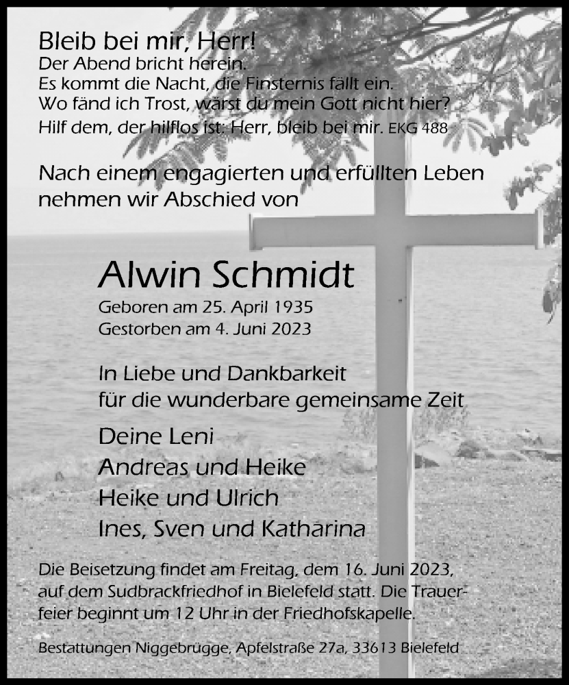  Traueranzeige für Alwin Schmidt vom 10.06.2023 aus Neue Westfälische