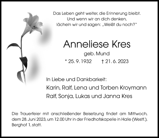 Traueranzeige von Anneliese Kres von Neue Westfälische