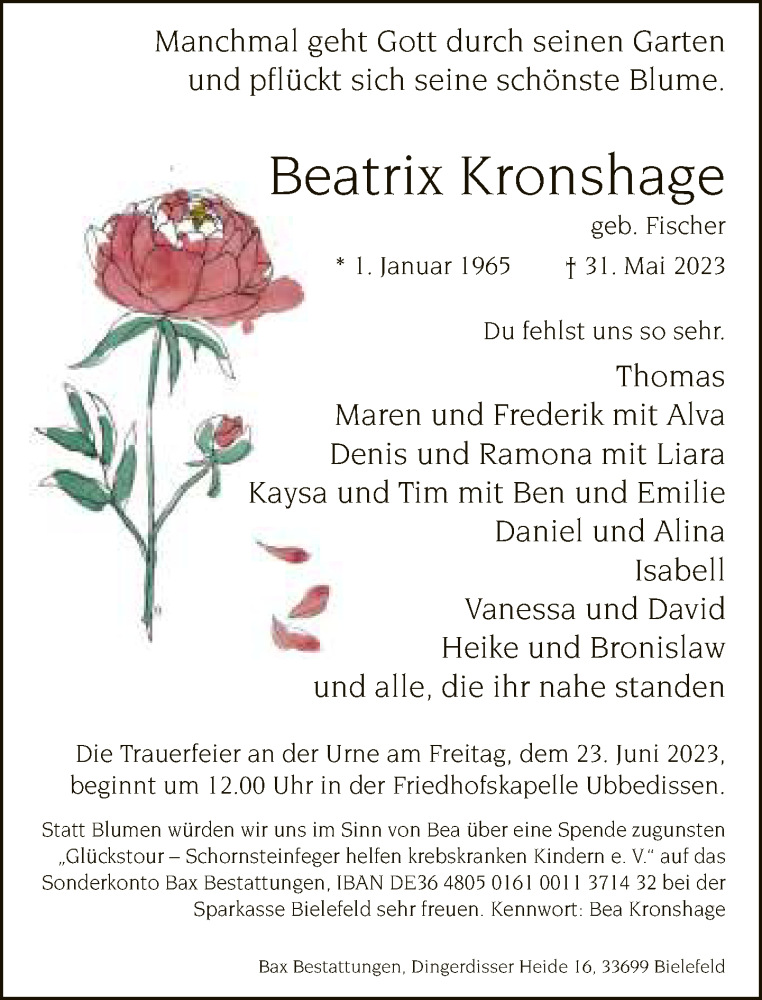 Traueranzeige für Beatrix Kronshage vom 07.06.2023 aus Neue Westfälische