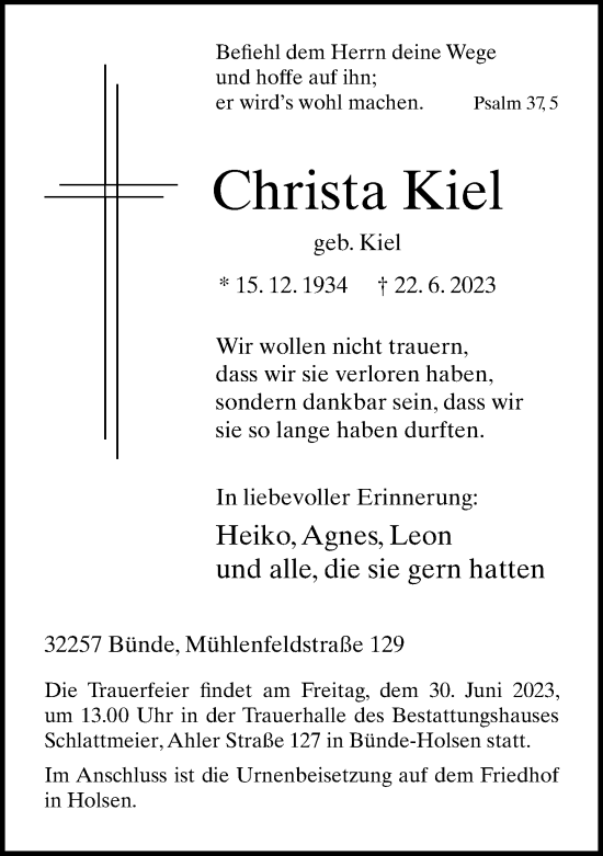 Traueranzeige von Christa Kiel von Neue Westfälische