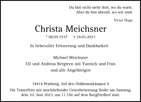 Traueranzeige von Christa Meichsner von Neue Westfälische