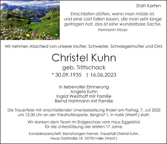 Traueranzeige von Christel Kuhn von Neue Westfälische