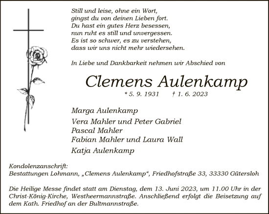 Traueranzeige von Clemens Aulenkamp von Neue Westfälische