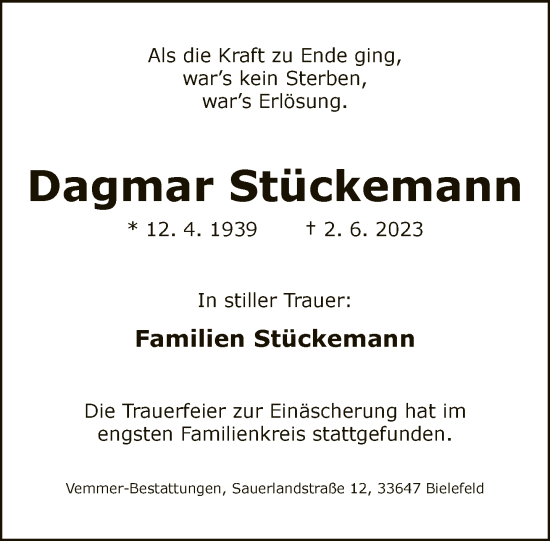Traueranzeige von Dagmar Stückemann von Neue Westfälische