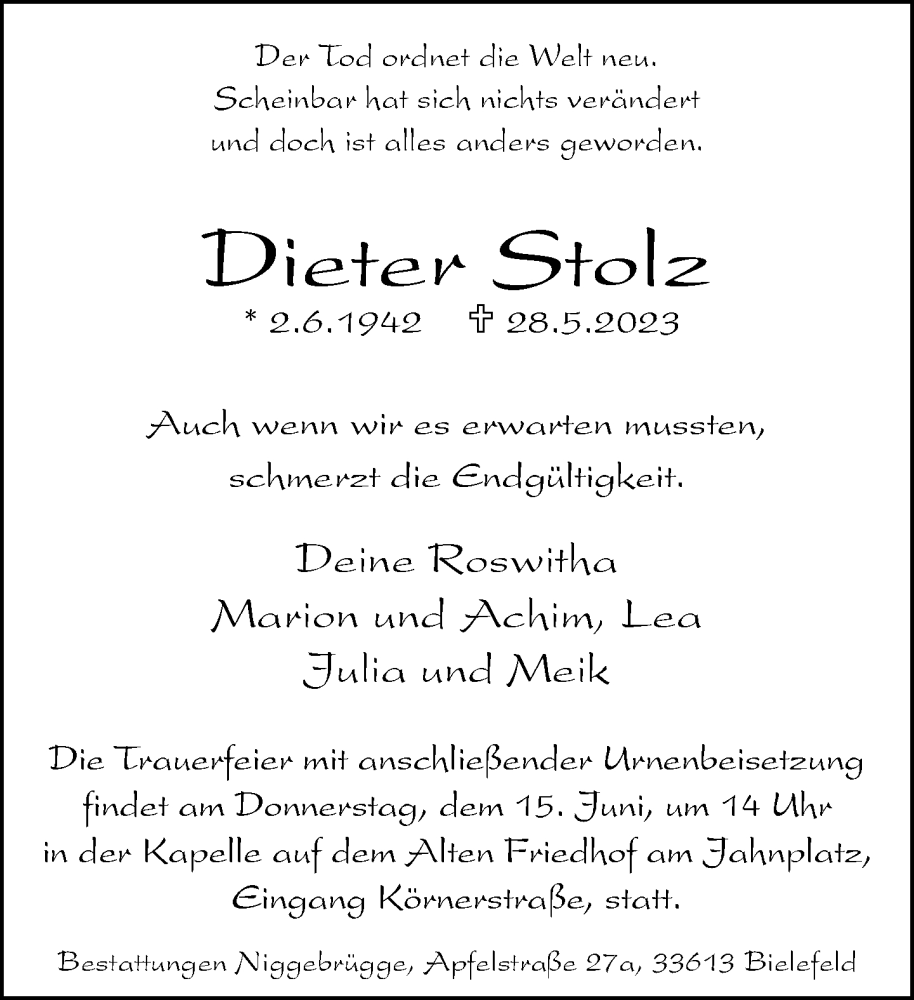  Traueranzeige für Dieter Stolz vom 03.06.2023 aus Neue Westfälische