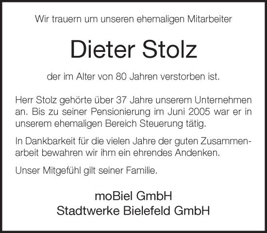 Traueranzeige von Dieter Stolz von Neue Westfälische