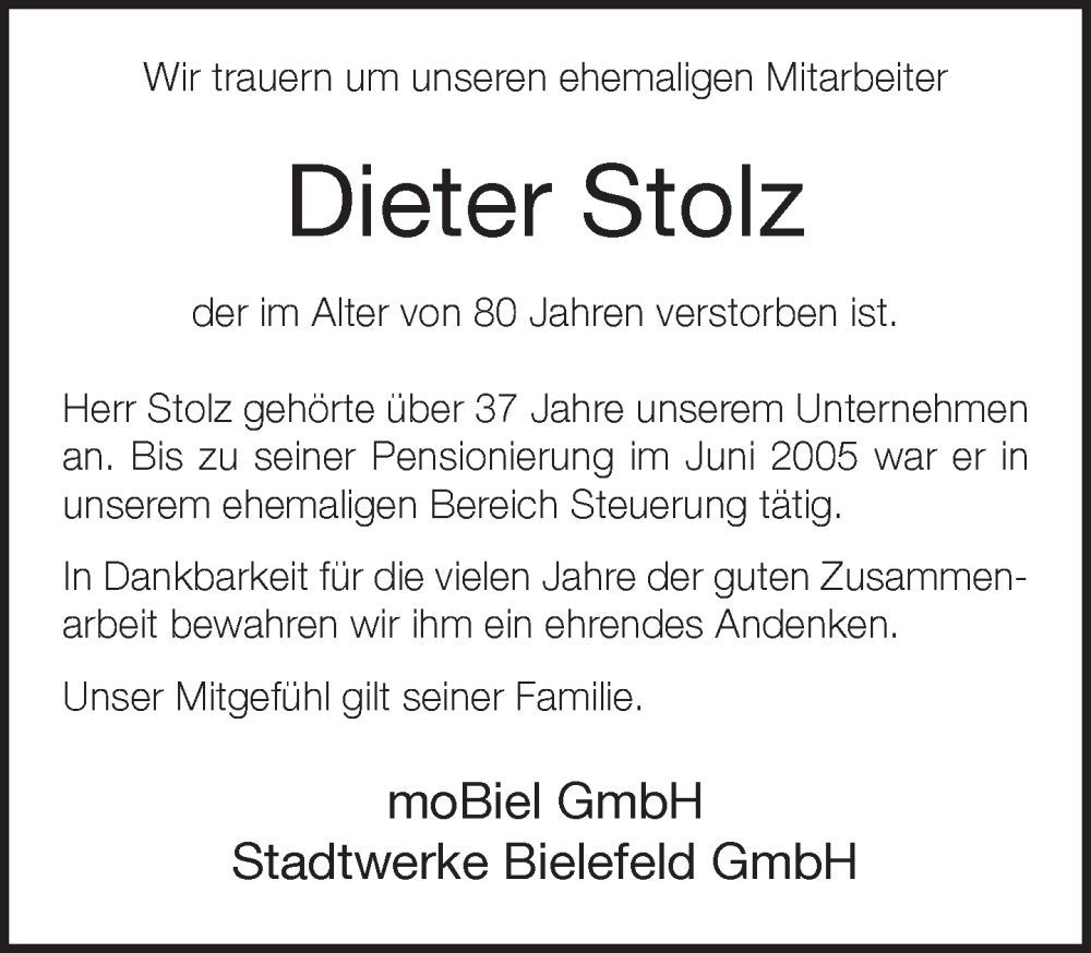  Traueranzeige für Dieter Stolz vom 14.06.2023 aus Neue Westfälische