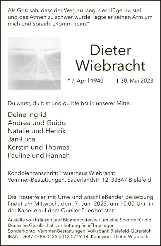 Traueranzeige von Dieter Wiebracht von Neue Westfälische