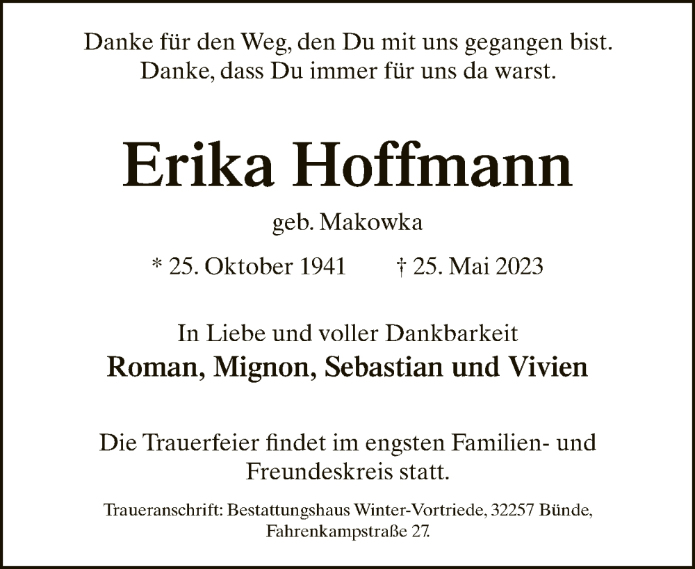  Traueranzeige für Erika Hoffmann vom 10.06.2023 aus Neue Westfälische