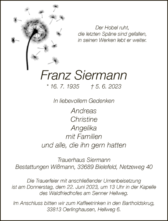 Traueranzeige von Franz Siermann von Neue Westfälische
