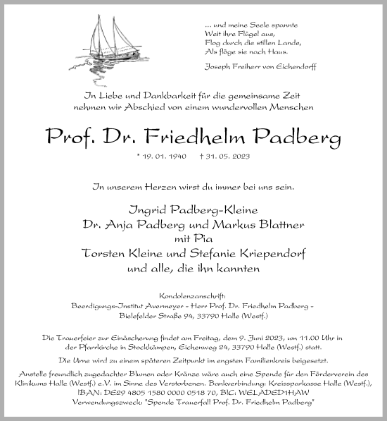 Traueranzeige von Friedhelm Padberg von Neue Westfälische