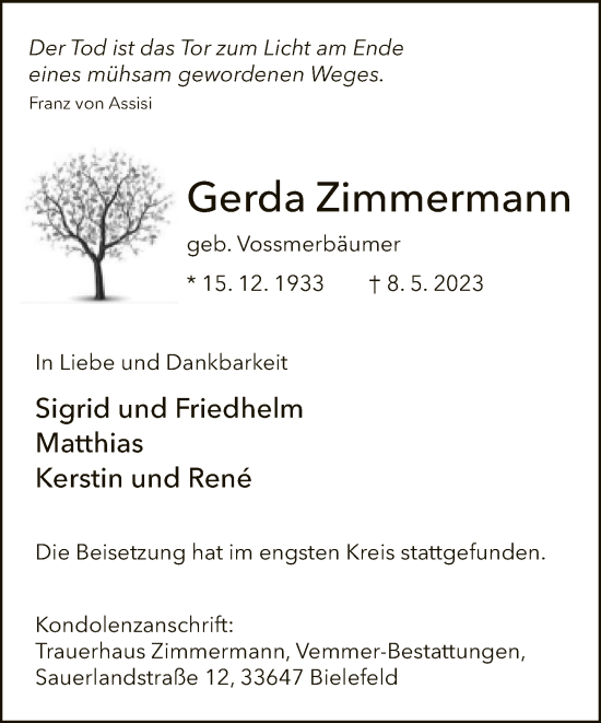 Traueranzeige von Gerda Zimmermann von Neue Westfälische