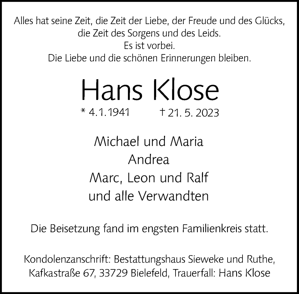 Traueranzeige für Hans Klose vom 03.06.2023 aus Neue Westfälische