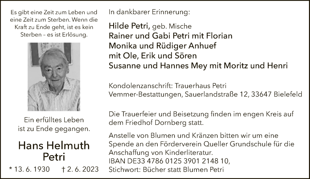  Traueranzeige für Hans Helmuth Petri vom 10.06.2023 aus Neue Westfälische