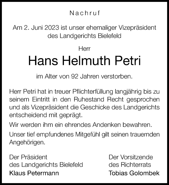 Traueranzeige von Hans Helmuth Petri von Neue Westfälische