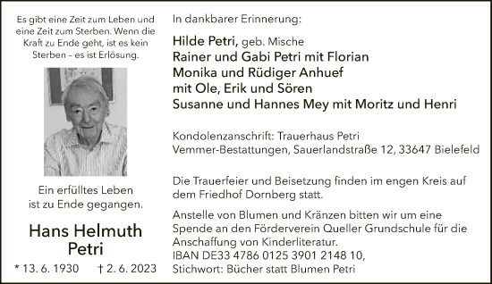Traueranzeige von Hans Helmuth Petri von Neue Westfälische
