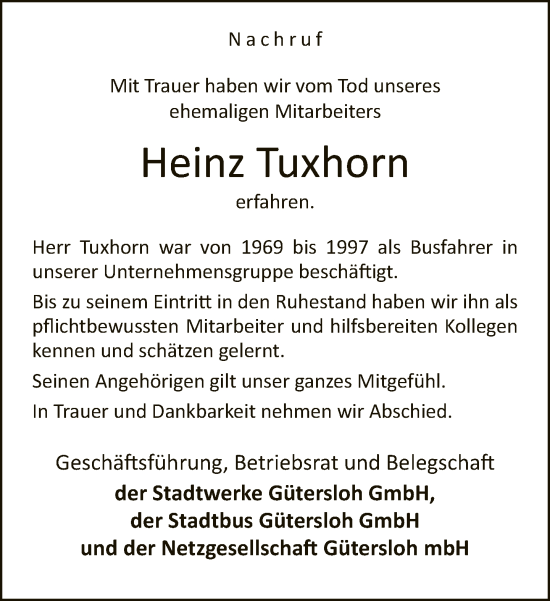 Traueranzeige von Heinz Tuxhorn von Neue Westfälische