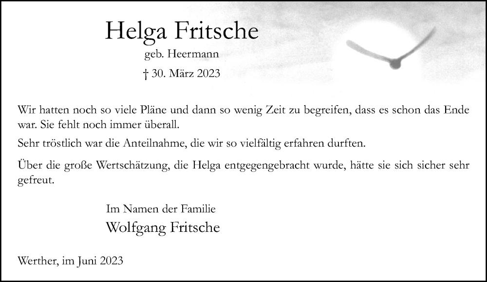  Traueranzeige für Helga Fritsche vom 24.06.2023 aus Neue Westfälische