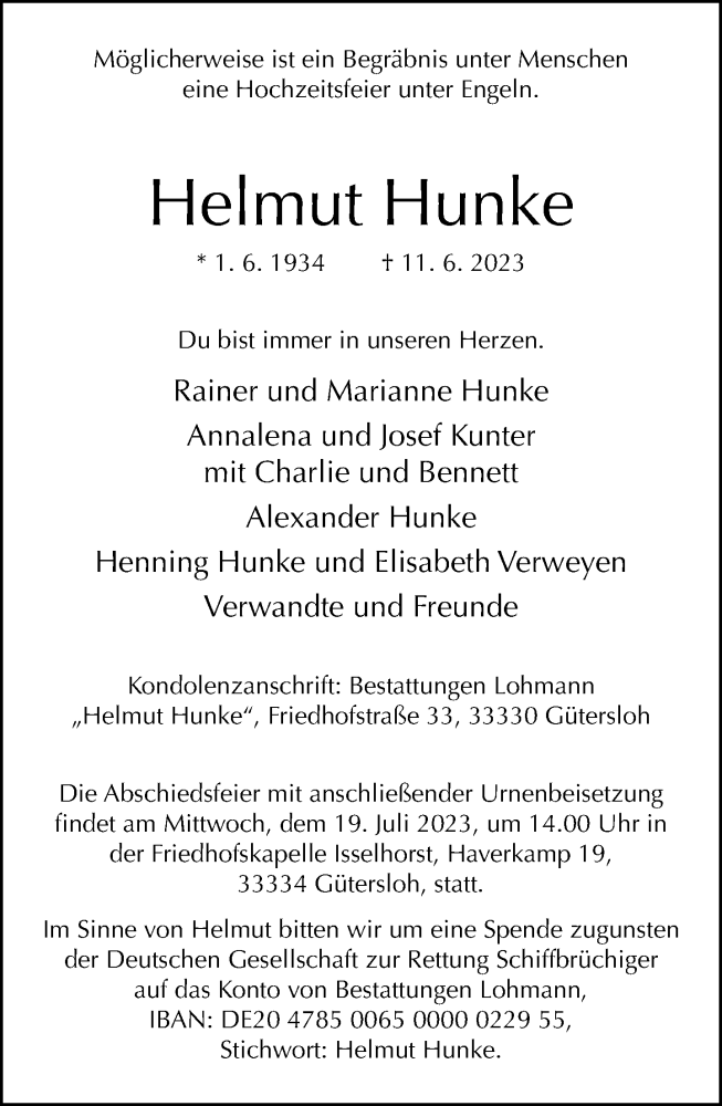  Traueranzeige für Helmut Hunke vom 24.06.2023 aus Neue Westfälische