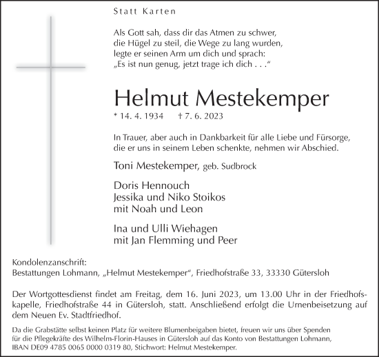 Traueranzeige von Helmut Mestekemper von Neue Westfälische
