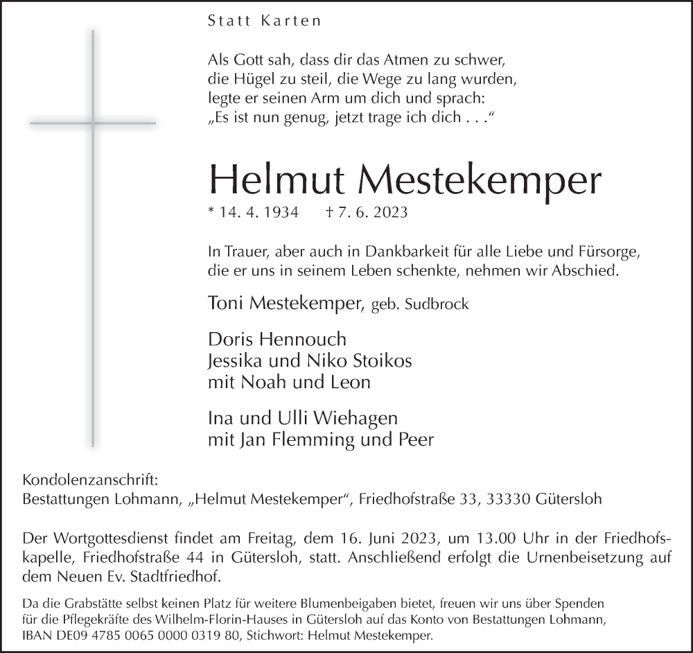  Traueranzeige für Helmut Mestekemper vom 13.06.2023 aus Neue Westfälische