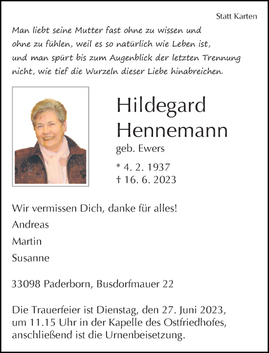 Traueranzeige von Hildegard Hennemann von Neue Westfälische