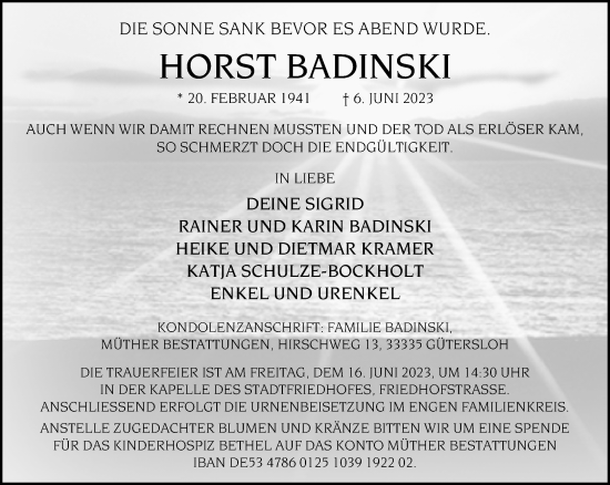 Traueranzeige von Horst Badinski von Neue Westfälische