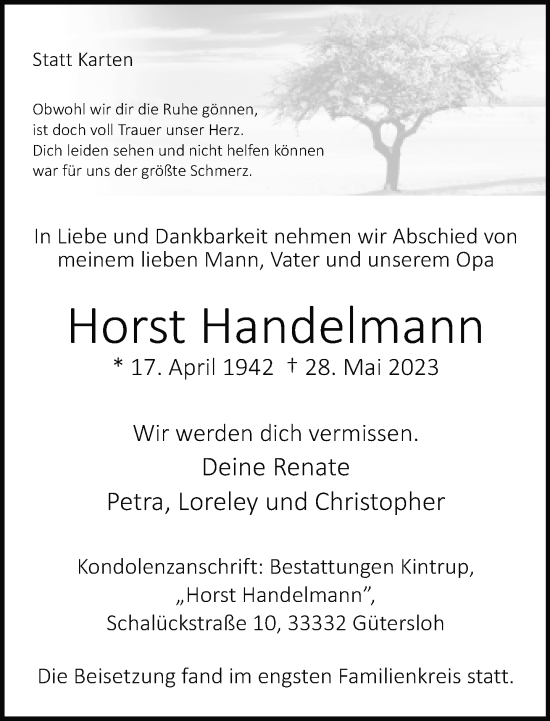 Traueranzeige von Horst Handelmann von Neue Westfälische