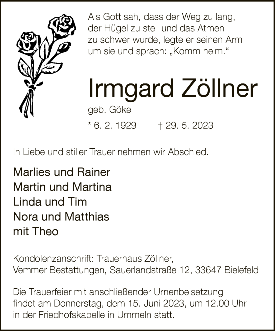 Traueranzeige von Irmgard Zöllner von Neue Westfälische