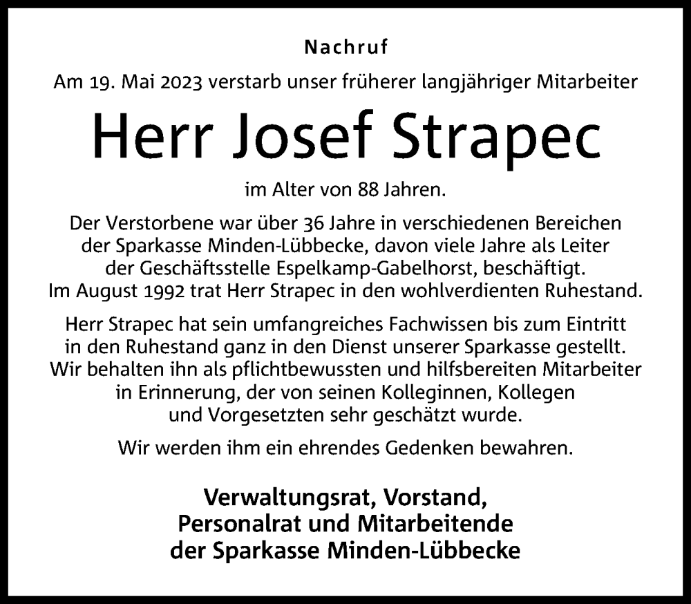  Traueranzeige für Josef Strapec vom 01.06.2023 aus Neue Westfälische