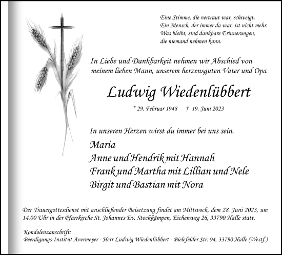 Traueranzeige von Ludwig Wiedenlübbert von Neue Westfälische