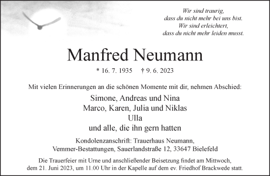 Traueranzeige von Manfred Neumann von Neue Westfälische