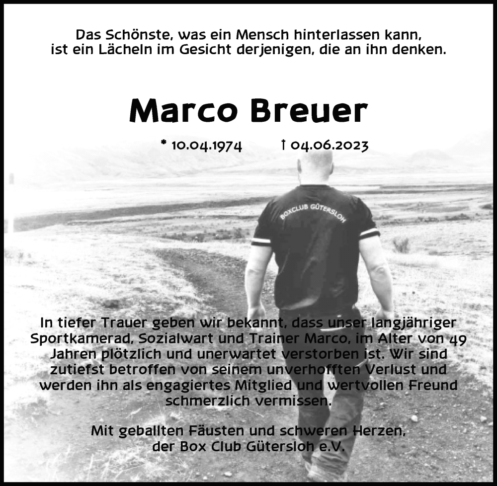  Traueranzeige für Marco Breuer vom 08.06.2023 aus Neue Westfälische