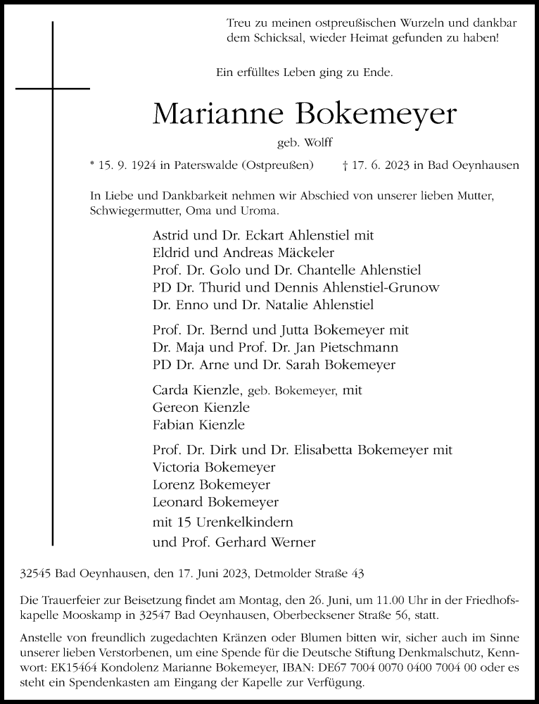  Traueranzeige für Marianne Bokemeyer vom 24.06.2023 aus Neue Westfälische